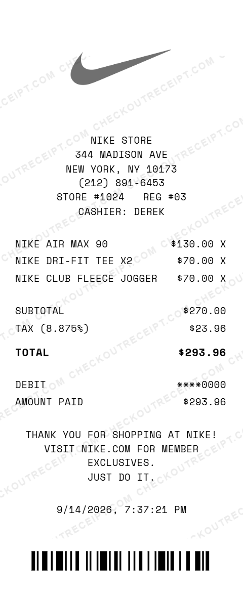 Sample Nike Store receipt from store #1024 in New York, NY, listing Nike Air Max 90 shoes, two Nike Dri-FIT tees and a Nike Club Fleece jogger, with 8.875% tax and a $293.96 debit card total
