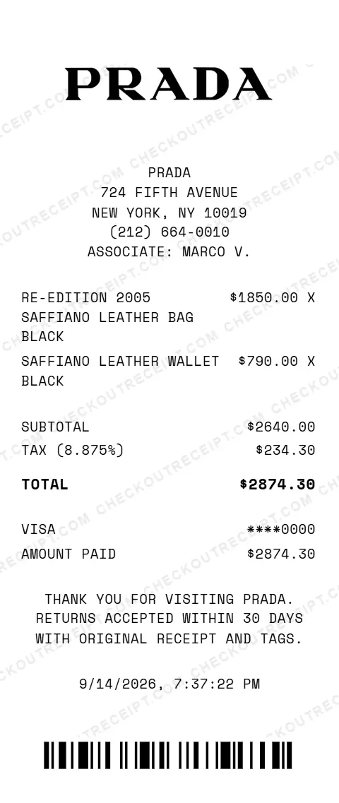 Sample Prada receipt from the store at 724 Fifth Avenue in New York, NY, listing a black Saffiano leather Re-Edition 2005 bag and a black Saffiano leather wallet, with 8.875% tax and a $2874.30 Visa total