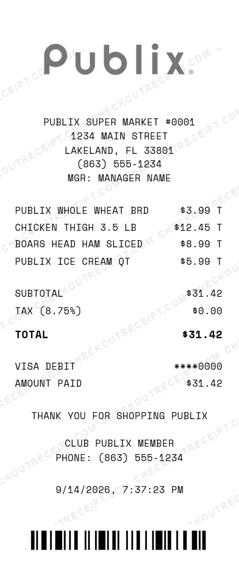Sample Publix receipt from store #0001 in Lakeland, FL, listing Publix whole wheat bread, 3.5 lb of chicken thighs, Boar's Head sliced ham and a quart of Publix ice cream, with $0.00 tax at 8.75% and a $31.42 Visa debit total