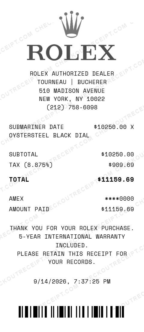 Sample Rolex authorized dealer receipt from Tourneau | Bucherer at 510 Madison Avenue in New York, NY, listing a Submariner Date in Oystersteel with a black dial, with 8.875% tax and an $11159.69 American Express total