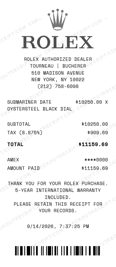 Sample Rolex authorized dealer receipt from Tourneau | Bucherer at 510 Madison Avenue in New York, NY, listing a Submariner Date in Oystersteel with a black dial, with 8.875% tax and an $11159.69 American Express total