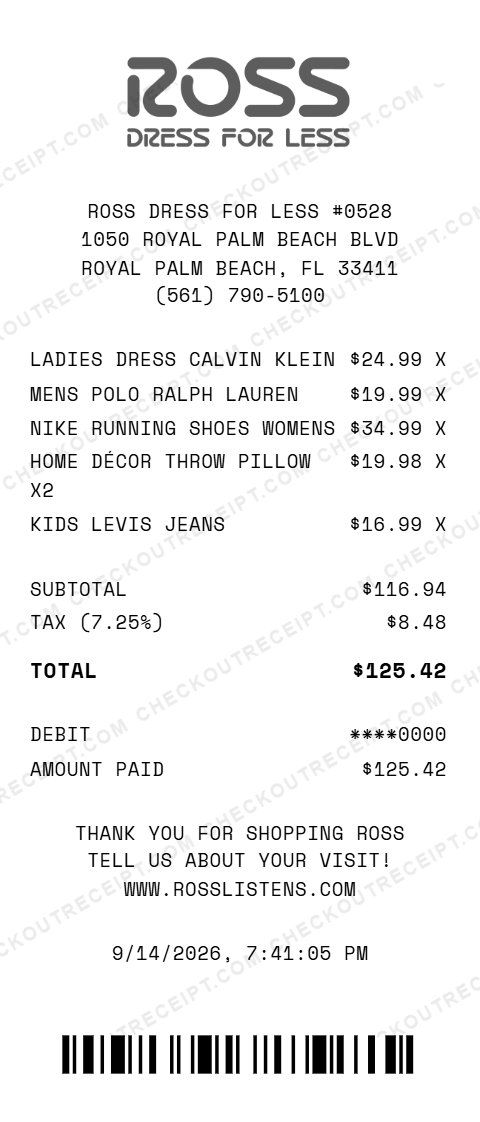 Sample Ross Dress for Less receipt from store #0528 in Royal Palm Beach, FL, listing a Calvin Klein ladies dress, a Ralph Lauren men's polo, women's Nike running shoes, two home decor throw pillows and kids' Levi's jeans, with 7.25% tax and a $125.42 debit card total