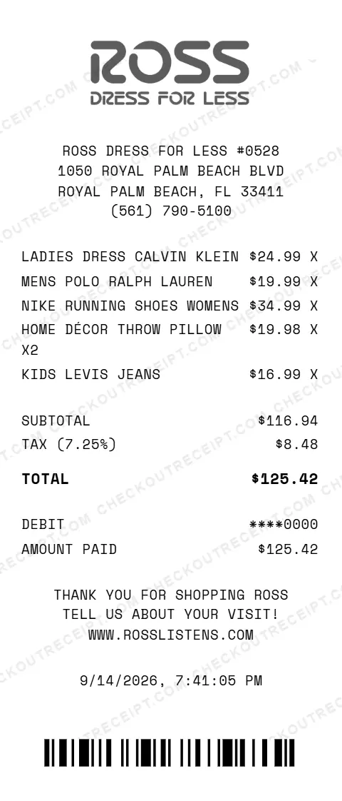 Sample Ross Dress for Less receipt from store #0528 in Royal Palm Beach, FL, listing a Calvin Klein ladies dress, a Ralph Lauren men's polo, women's Nike running shoes, two home decor throw pillows and kids' Levi's jeans, with 7.25% tax and a $125.42 debit card total