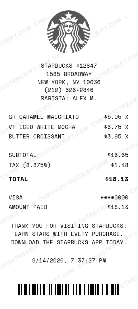 Sample Starbucks receipt from store #12847 in New York, NY, listing a grande caramel macchiato, a venti iced white mocha and a butter croissant, with 8.875% tax and an $18.13 Visa total