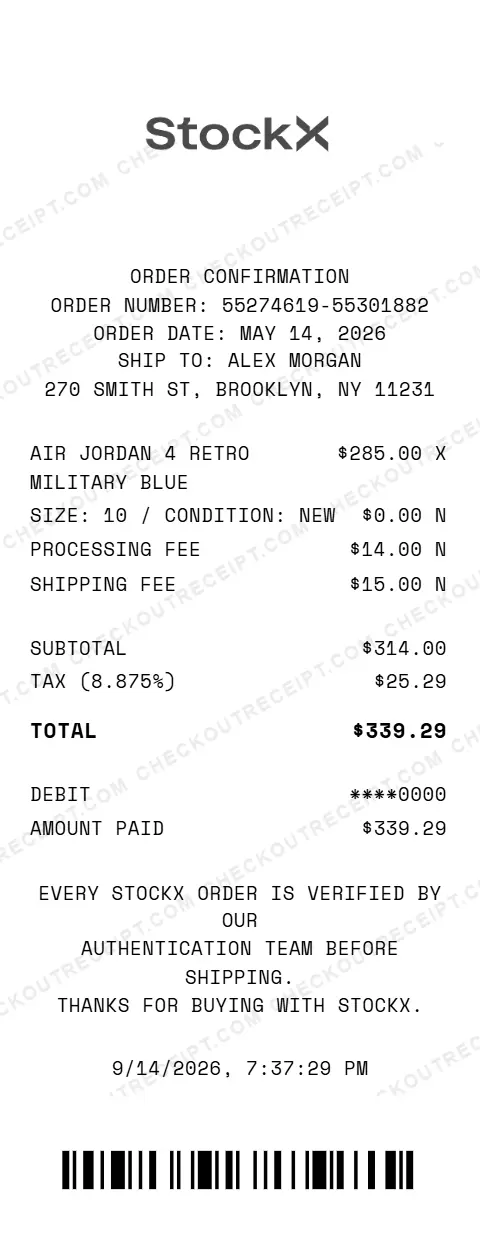 Sample StockX order confirmation for order 55274619-55301882 shipping to Brooklyn, NY, listing Air Jordan 4 Retro Military Blue sneakers in size 10 plus processing and shipping fees, with 8.875% tax and a $339.29 debit card total