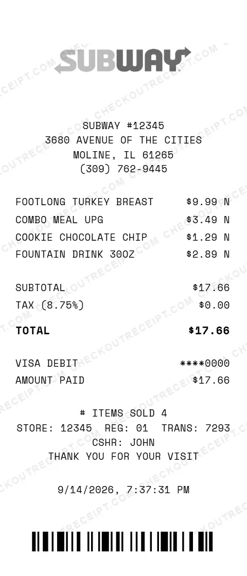 Sample Subway receipt from store #12345 in Moline, IL, listing a footlong turkey breast sub, a combo meal upgrade, a chocolate chip cookie and a 30 oz fountain drink, with $0.00 tax at 8.75% and a $17.66 Visa debit total