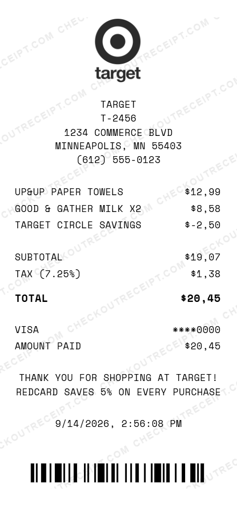 Sample Target receipt from store T-2456 in Minneapolis, MN, listing Up&Up paper towels, two Good & Gather milks and a Target Circle savings discount, with 7.25% tax and a $20.45 Visa total