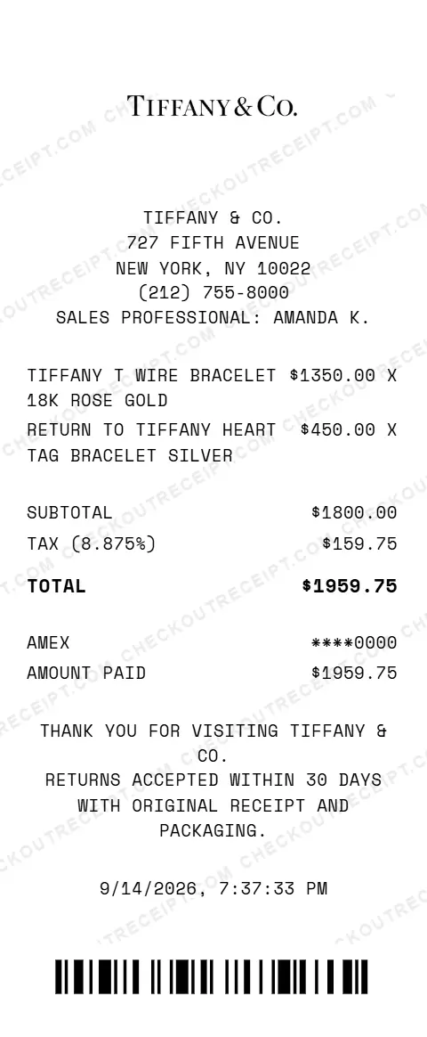 Sample Tiffany & Co. receipt from the store at 727 Fifth Avenue in New York, NY, listing a Tiffany T wire bracelet in 18K rose gold and a Return to Tiffany heart tag bracelet in silver, with 8.875% tax and a $1959.75 American Express total