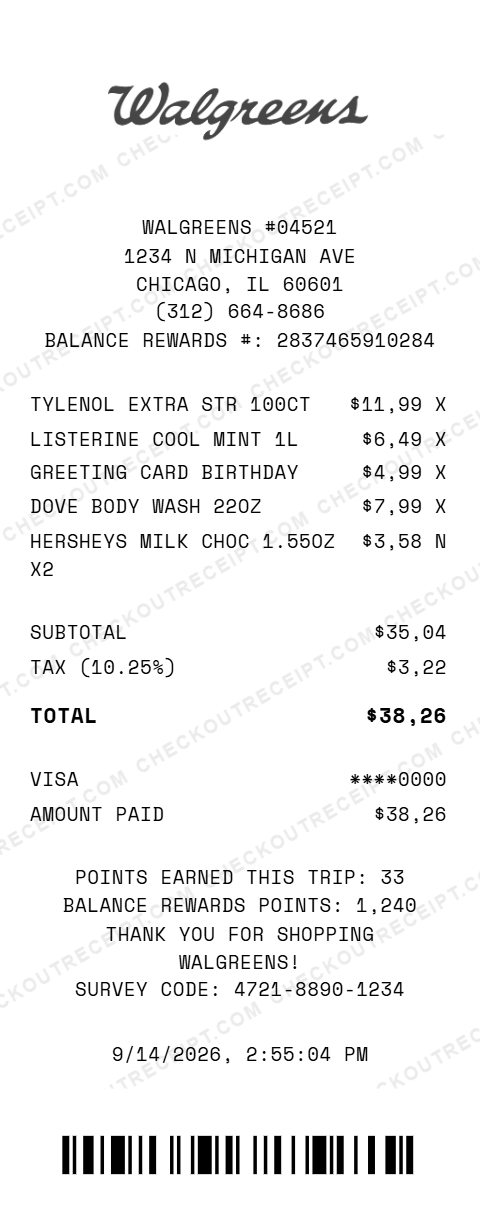 Sample Walgreens receipt from store #04521 in Chicago, IL, listing Tylenol Extra Strength, Listerine, a birthday card, Dove body wash and two Hershey's bars, with 10.25% tax and a $38.26 Visa total