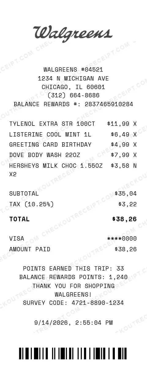Sample Walgreens receipt from store #04521 in Chicago, IL, listing Tylenol Extra Strength, Listerine, a birthday card, Dove body wash and two Hershey's bars, with 10.25% tax and a $38.26 Visa total