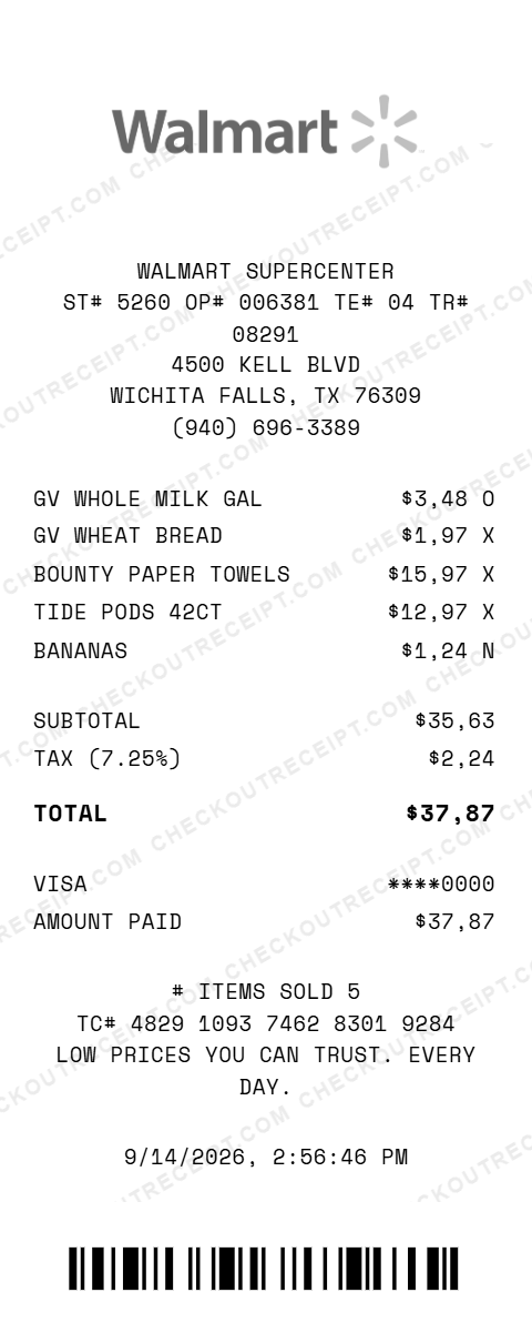 Sample Walmart Supercenter receipt from store #5260 in Wichita Falls, TX, listing Great Value whole milk and wheat bread, Bounty paper towels, Tide Pods and bananas, with 7.25% tax and a $37.87 Visa total