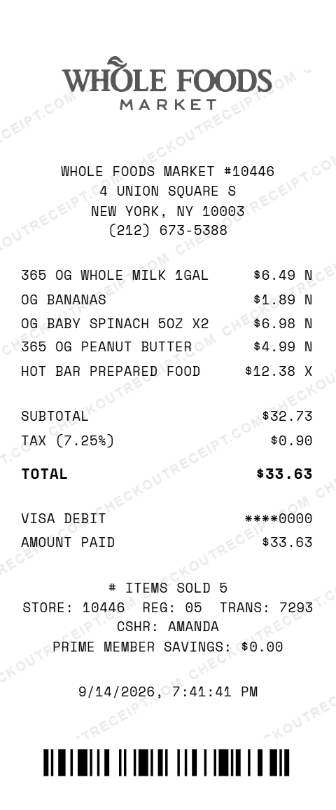 Sample Whole Foods Market receipt from store #10446 in New York, NY, listing 365 organic whole milk, organic bananas, two packs of organic baby spinach, 365 organic peanut butter and hot bar prepared food, with 7.25% tax and a $33.63 Visa debit total