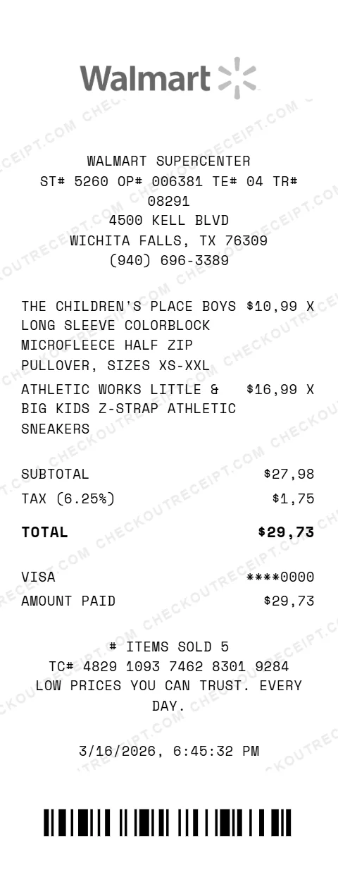 Walmart clothing receipt showing Avia womens curved hem skort and Reebok courtside pleated skort totaling 43.55