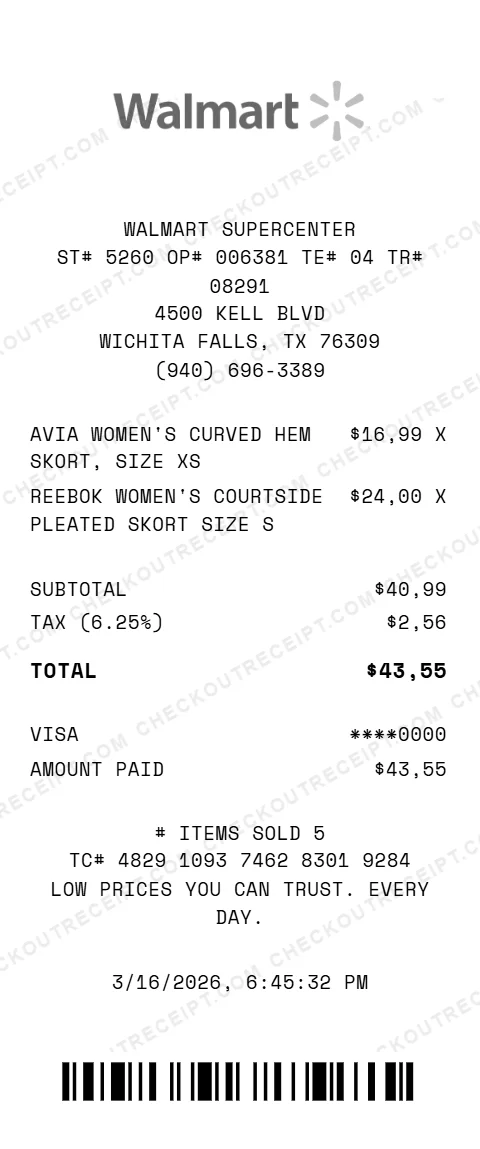 Walmart clothing receipt showing Childrens Place boys microfleece pullover and Athletic Works kids sneakers totaling 29.73