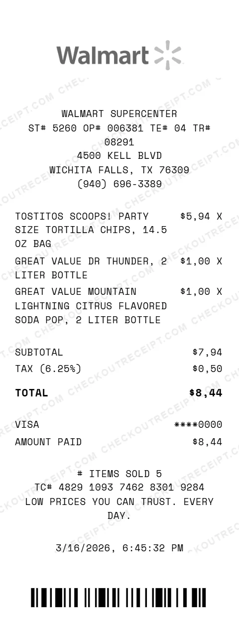 Walmart grocery receipt showing Tostitos Scoops party size chips and Great Value sodas totaling 8.44