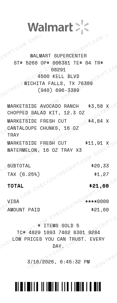 Walmart grocery receipt showing Marketside avocado ranch salad kit and fresh cut fruit totaling 21.60