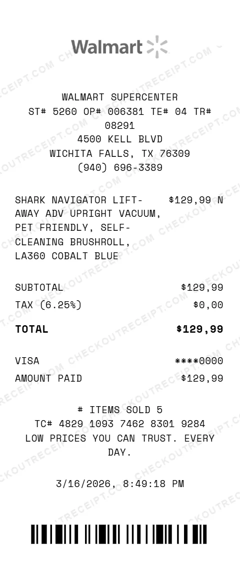 Walmart household receipt showing Shark Navigator Lift-Away ADV upright vacuum pet friendly self-cleaning brushroll LA360 cobalt blue totaling 129.99