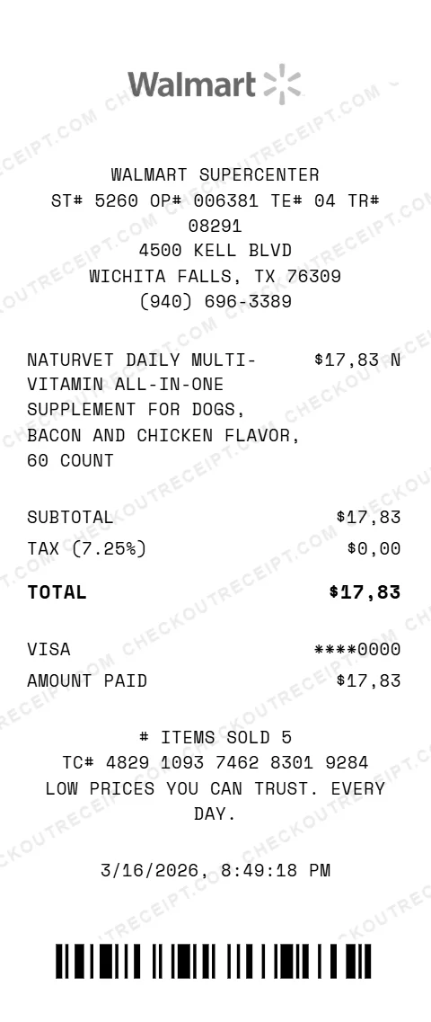 Walmart pet receipt showing NaturVet daily multi-vitamin all-in-one supplement for dogs bacon and chicken flavor 60 count totaling 17.83