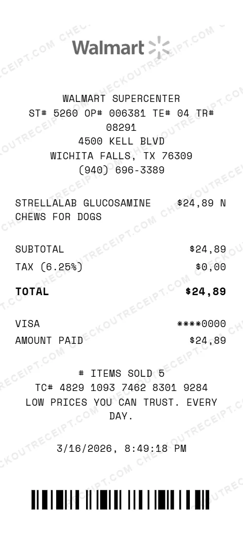 Walmart pet receipt showing Strellalab glucosamine chews for dogs totaling 24.89